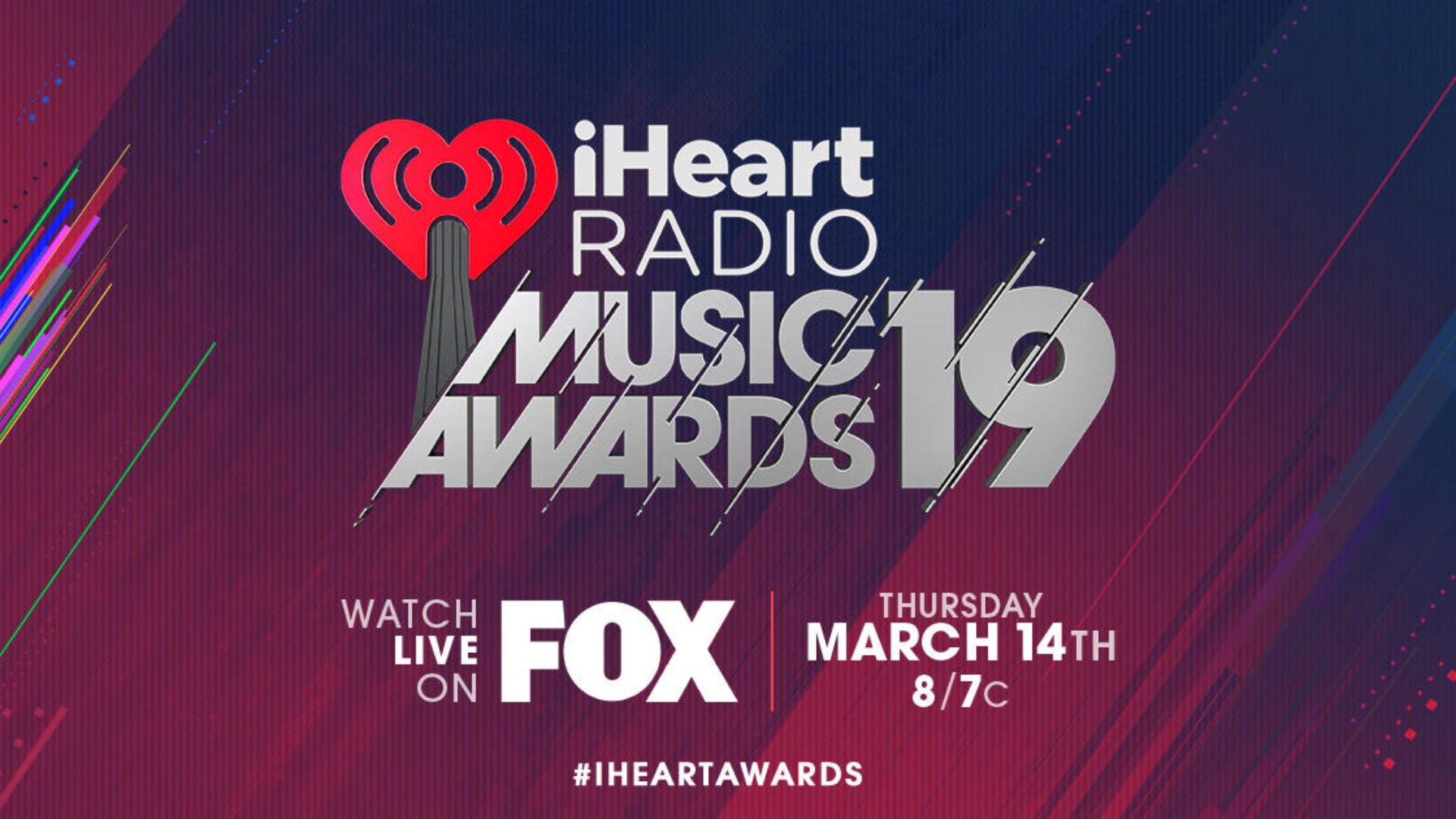 The iHeartRadio Music Awards is a music awards show that celebrates music heard throughout the year across iHeartMedia radio stations nationwide and on iHeartRadio, iHeartMedia's digital music platform.[2] Founded by iHeartRadio in 2014, the event recognizes the most popular artists and music over the past year. Winners are chosen per cumulative performance data, while the public is able to vote in several categories.[3] The inaugural event was held on May 1, 2014 at the Shrine Auditorium in Los Angeles. Its first two years were broadcast live on NBC, from 2016 to 2018 it was simulcast on TBS, TNT and truTV.[4][5][6] The sixth annual iHeartRadio Music Awards will be held on March 14, 2019 at the Microsoft Theater, Los Angeles and broadcast live on Fox. The trophy is manufactured by the New York firm Society Awards.Wikiepedia